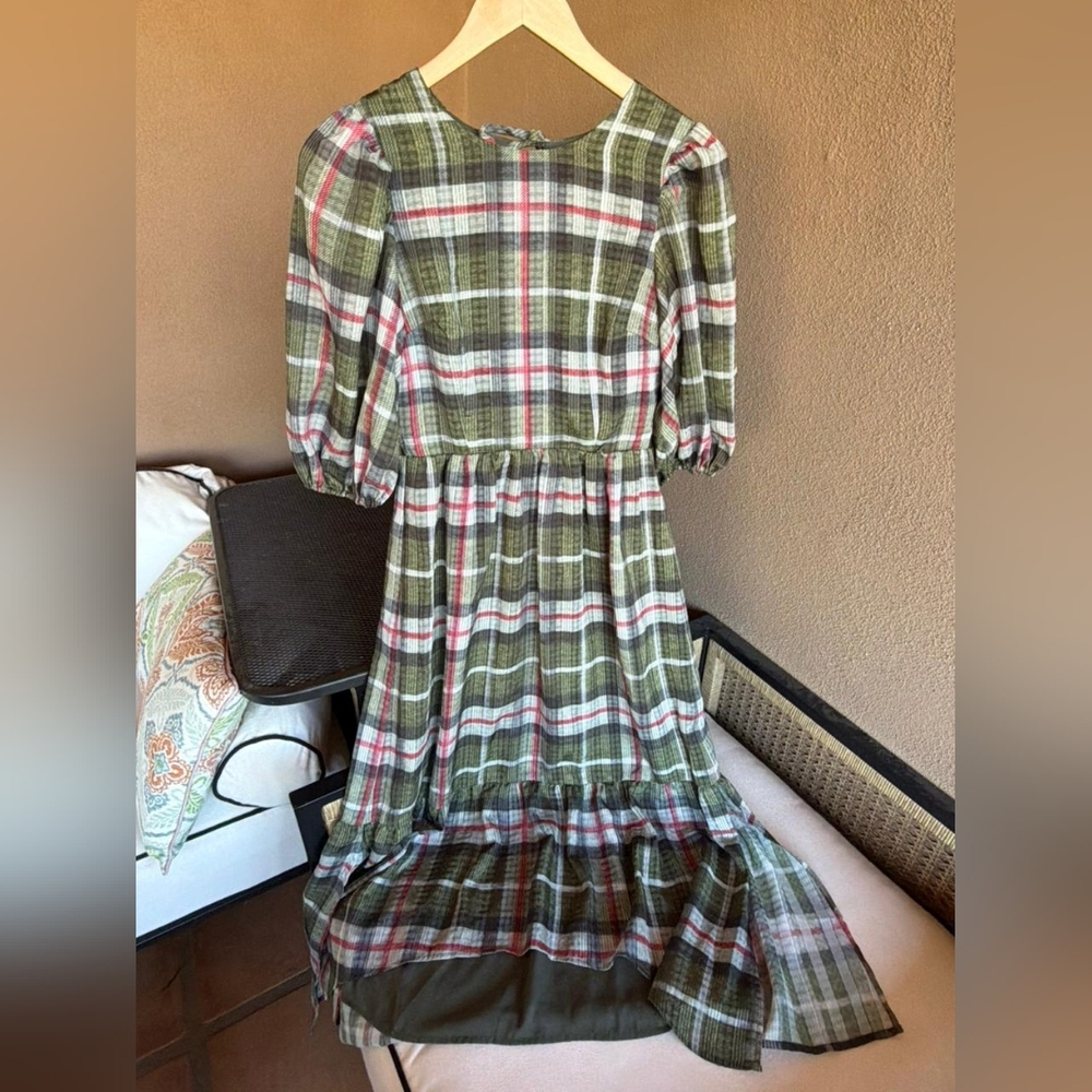 All Saints High Low Dress in Green and Red Plaid - Picture 2 of 10